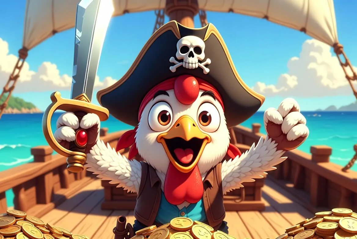Chicken Pirate slot artwork with the pirate hen on a plank